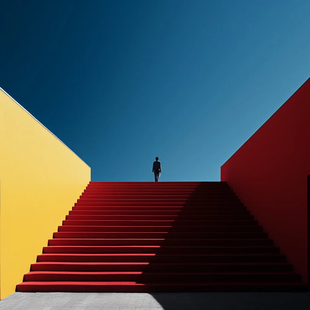 llustration : une personne tout en haut d'un escalier rouge qui donne sur un ciel parfaitement bleu pour illustrer le fait que Strategic Design, créée par Agnès Broc, accompagne les entreprises dans l'exploitation de leurs opportunités de croissance