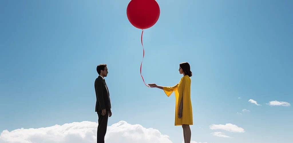 Une femme tend un balon rouge à un homme pour illustrer le fait d'offrir un bon cadeau à un entrepreneur