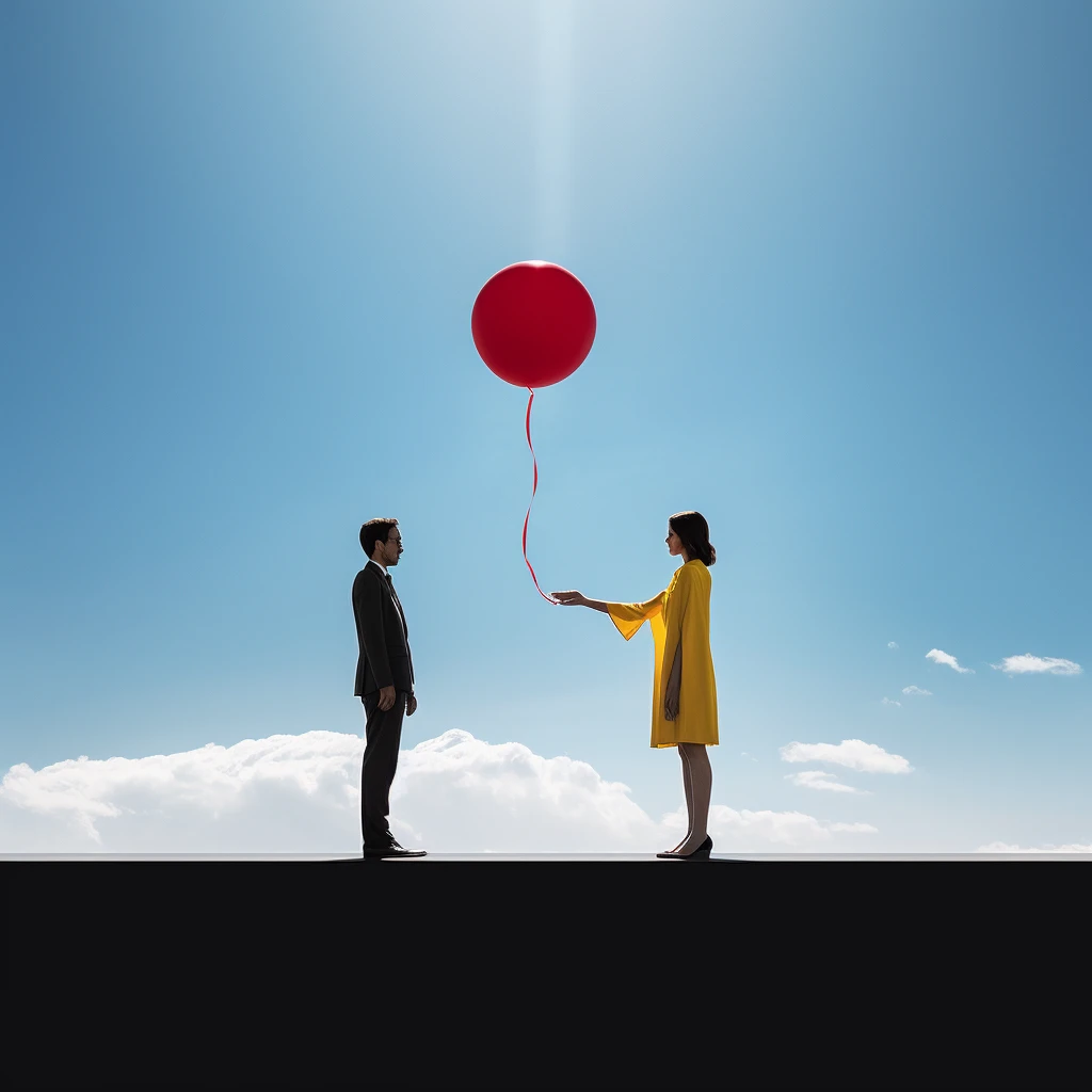 Une femme tend un balon rouge à un homme pour illustrer le fait d'offrir un bon cadeau à un entrepreneur